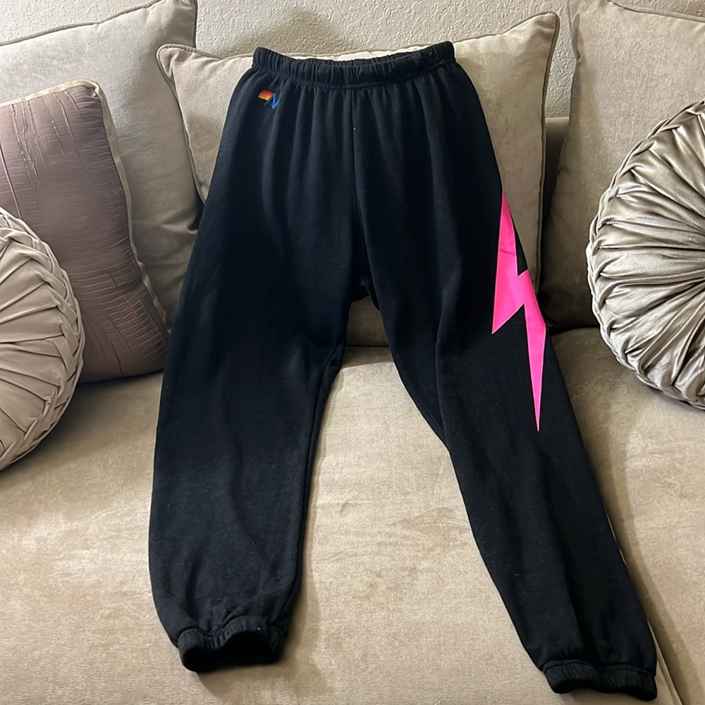Aviator Nation Black Sweatpants with Hot Pink Lightning Bolt - Picture 1 of 6